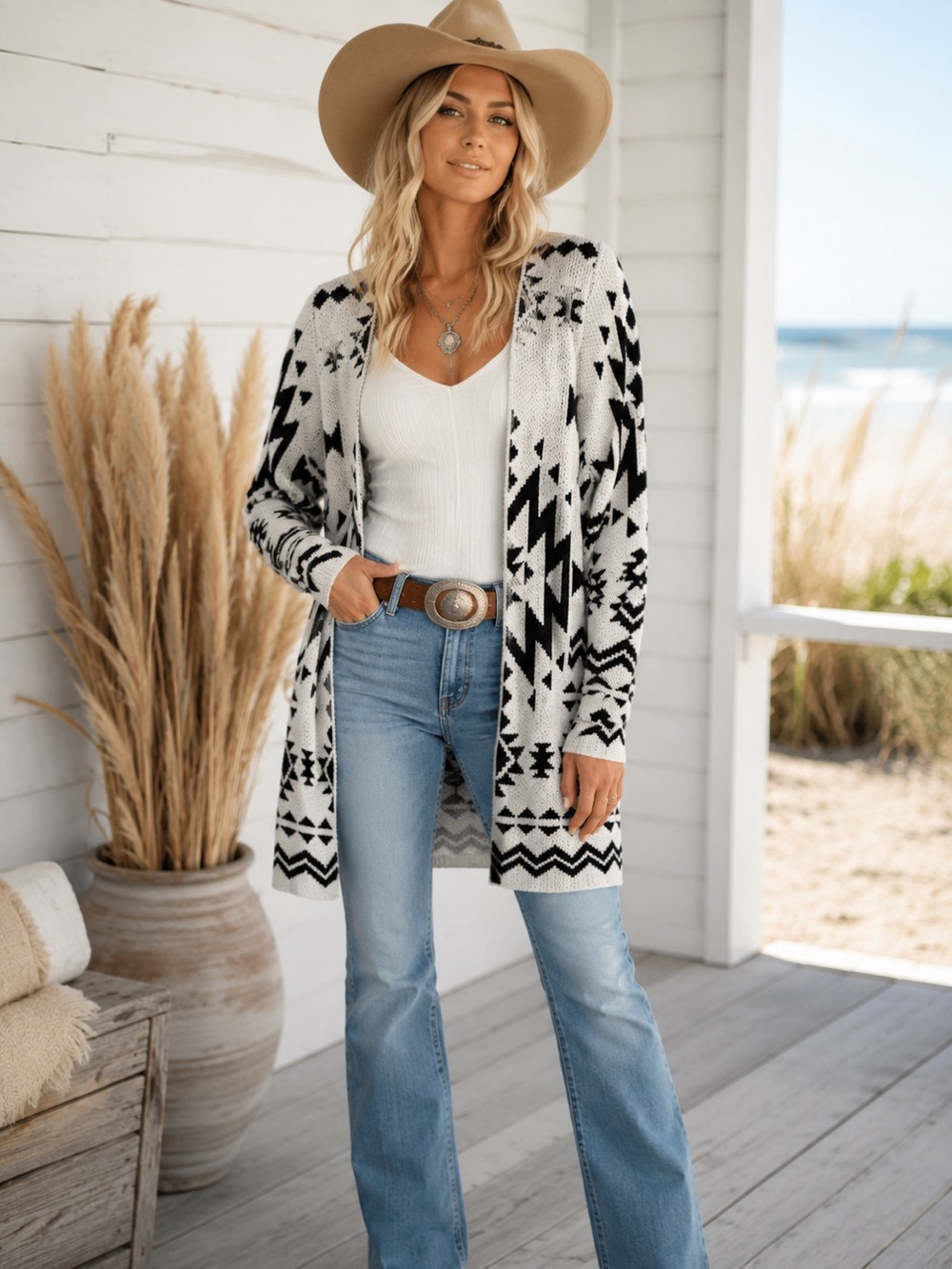 Savanna Jane Black & White Aztec Open Front Cardigan
